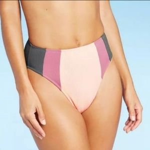 Xhilaration Women's High Waisted Bikini Bottoms Small Gray & Pink Bathing Suit